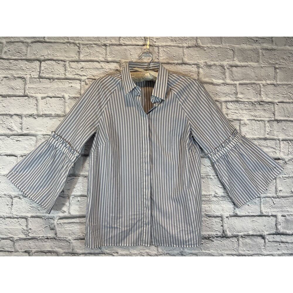 Banana Republic Blouse Striped Gray White Bell Sleeve Button up Shirt XS P144